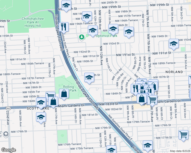 map of restaurants, bars, coffee shops, grocery stores, and more near 1265 Northwest 187th Street in Miami