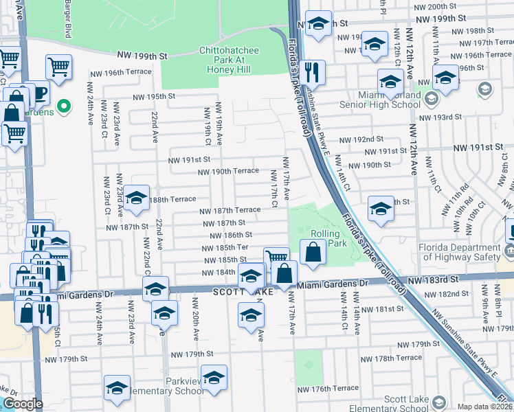 map of restaurants, bars, coffee shops, grocery stores, and more near 1810 Northwest 187th Terrace in Miami Gardens