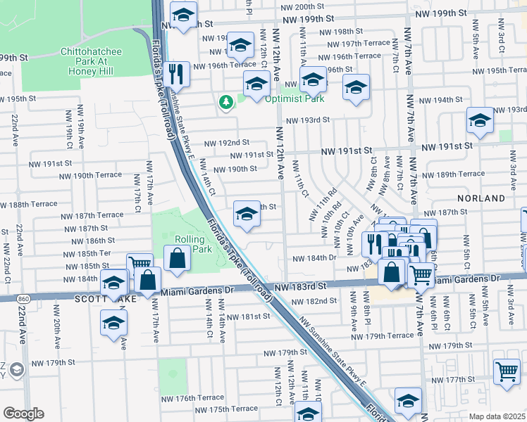 map of restaurants, bars, coffee shops, grocery stores, and more near 1265 Northwest 187th Street in Miami