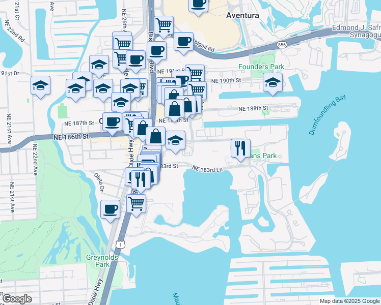 map of restaurants, bars, coffee shops, grocery stores, and more near 18429 Northeast 28th Avenue in Aventura