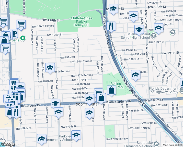 map of restaurants, bars, coffee shops, grocery stores, and more near 1810 Northwest 187th Terrace in Miami Gardens