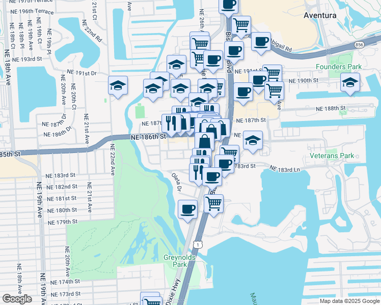 map of restaurants, bars, coffee shops, grocery stores, and more near 2555 Northeast 183rd Terrace in North Miami Beach