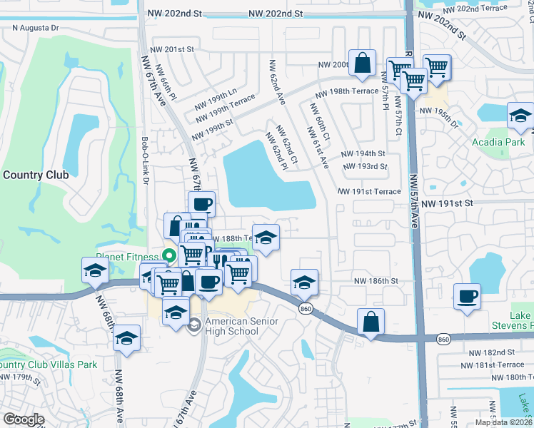 map of restaurants, bars, coffee shops, grocery stores, and more near 18928 Northwest 63rd Court Circle in Hialeah