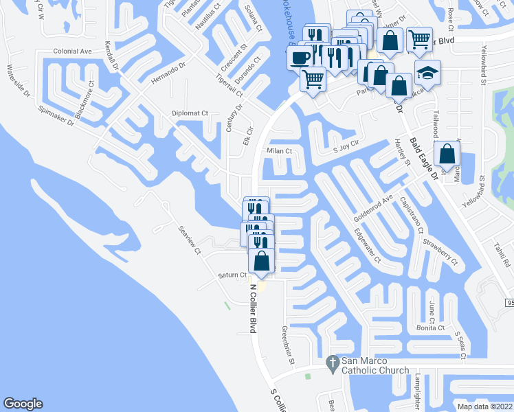 map of restaurants, bars, coffee shops, grocery stores, and more near 748 Amazon Court in Marco Island