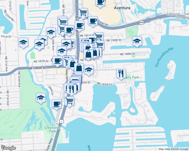 map of restaurants, bars, coffee shops, grocery stores, and more near 2804 Northeast 184th Terrace in Aventura