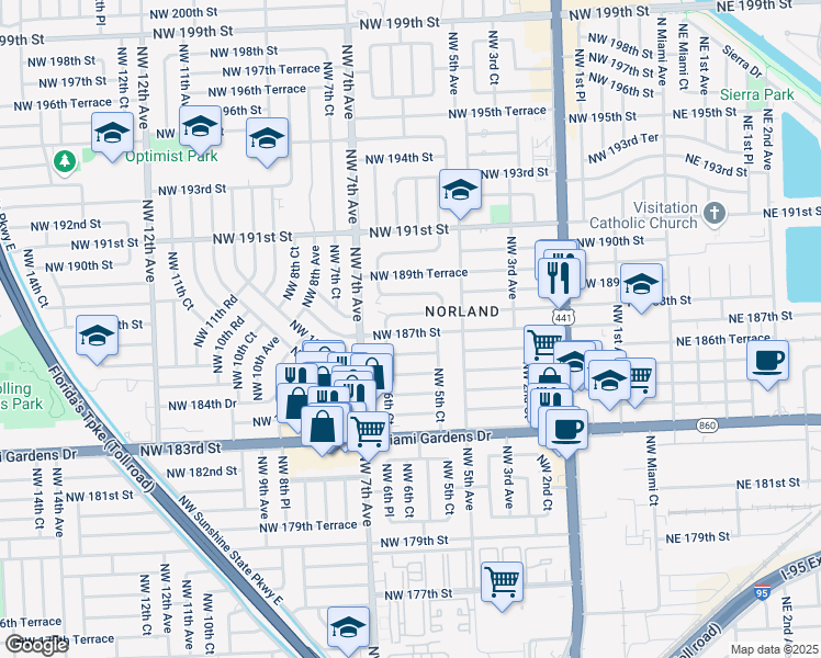 map of restaurants, bars, coffee shops, grocery stores, and more near 571 Northwest 186th Street in Miami