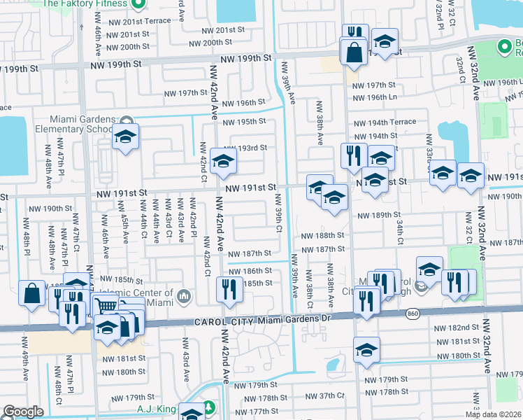 map of restaurants, bars, coffee shops, grocery stores, and more near 18805 Northwest 39th Place in Miami Gardens