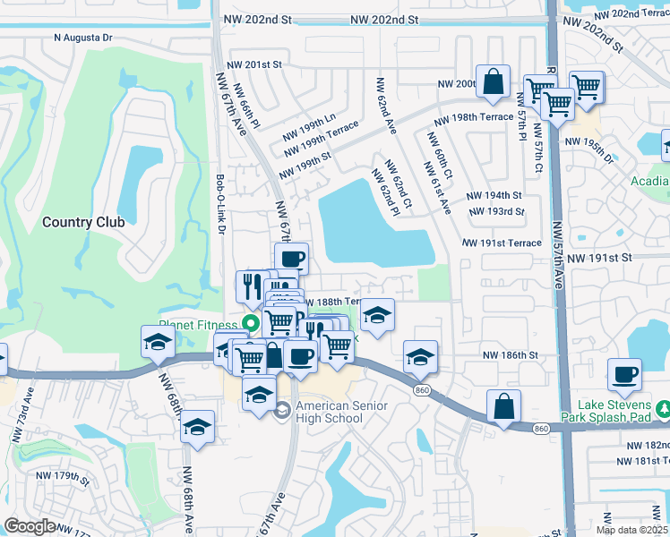 map of restaurants, bars, coffee shops, grocery stores, and more near 18839 Northwest 64th Court in Hialeah