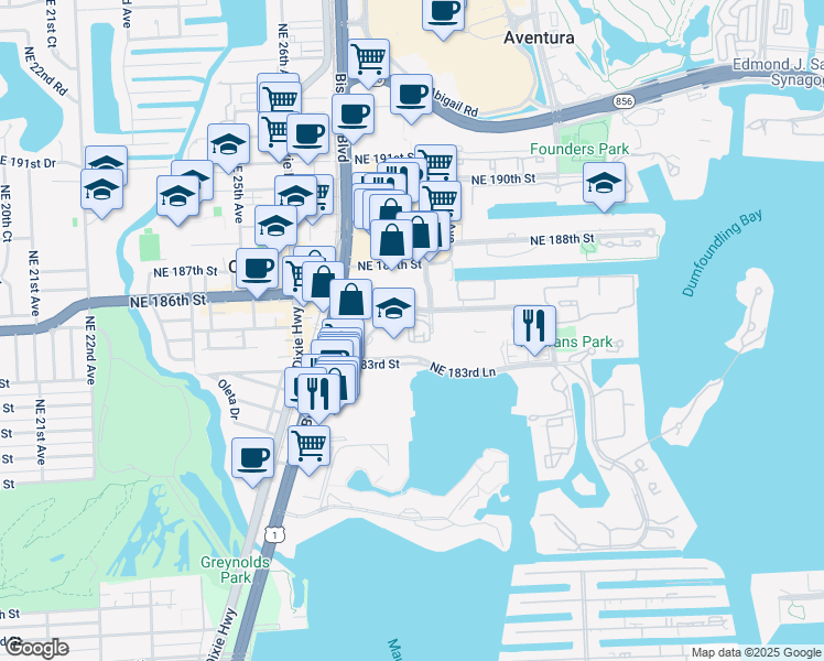 map of restaurants, bars, coffee shops, grocery stores, and more near 2804 Northeast 184th Terrace in Aventura