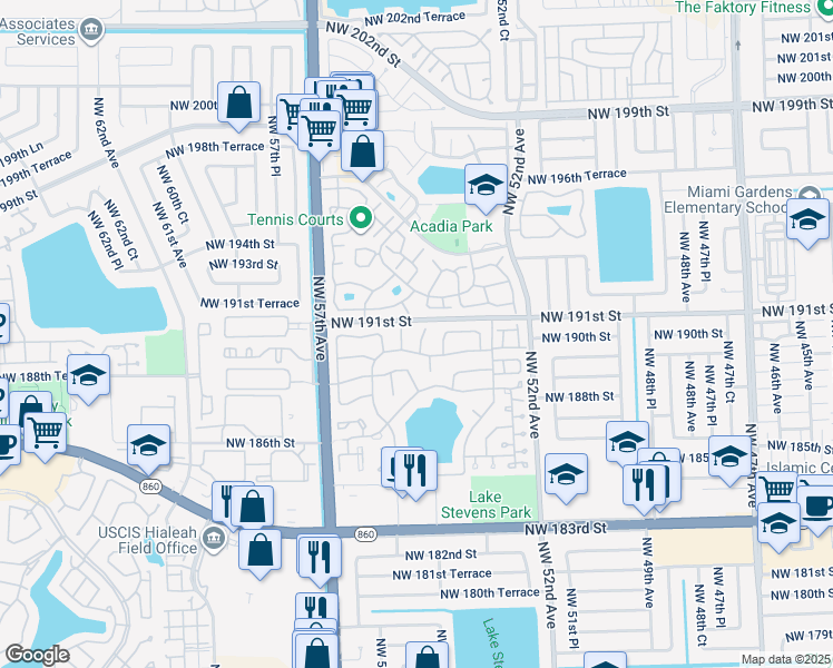 map of restaurants, bars, coffee shops, grocery stores, and more near 5402 Northwest 190th Street in Miami Gardens