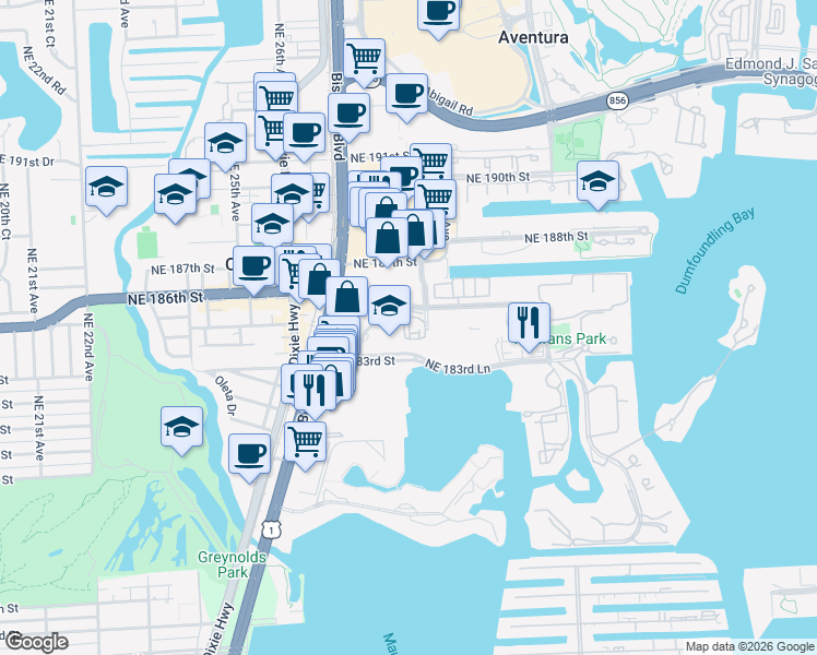 map of restaurants, bars, coffee shops, grocery stores, and more near 2804 Northeast 184th Terrace in Aventura
