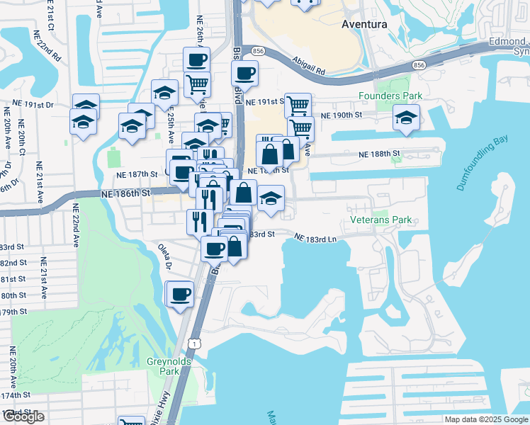 map of restaurants, bars, coffee shops, grocery stores, and more near 2785 Northeast 183rd Street in Aventura