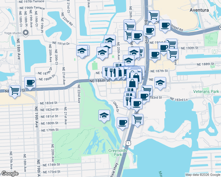 map of restaurants, bars, coffee shops, grocery stores, and more near 2400 Northeast 184th Street in Miami