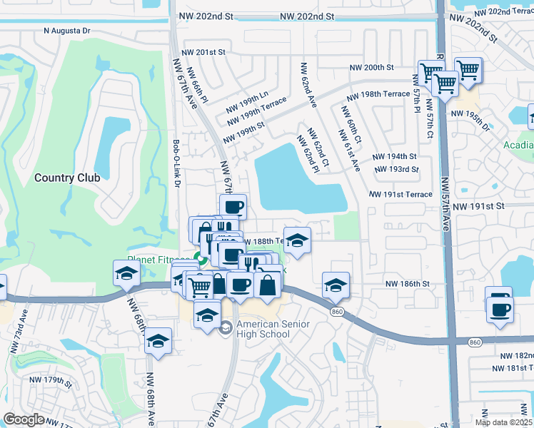 map of restaurants, bars, coffee shops, grocery stores, and more near 18839 Northwest 64th Court in Hialeah