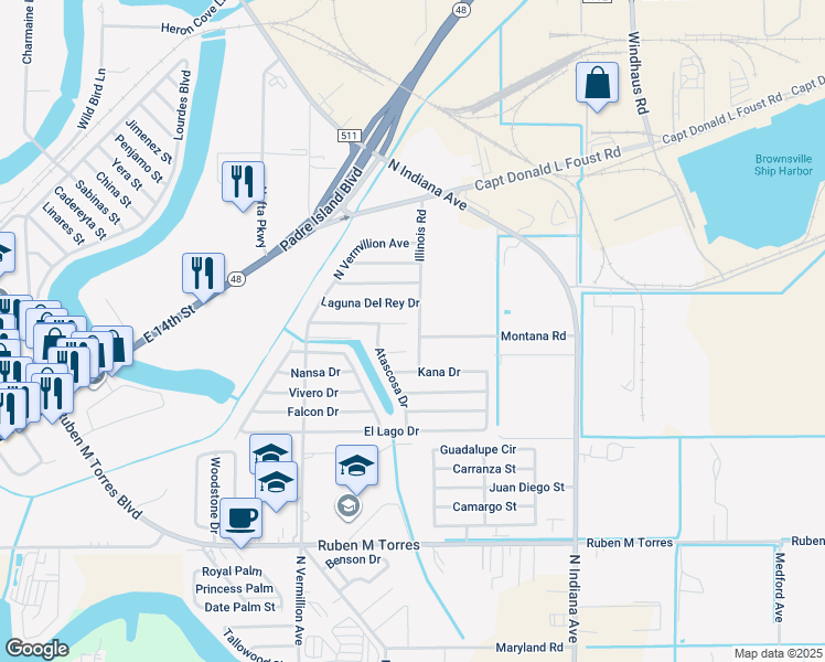 map of restaurants, bars, coffee shops, grocery stores, and more near 2200-2206 Illinois Rd in Brownsville
