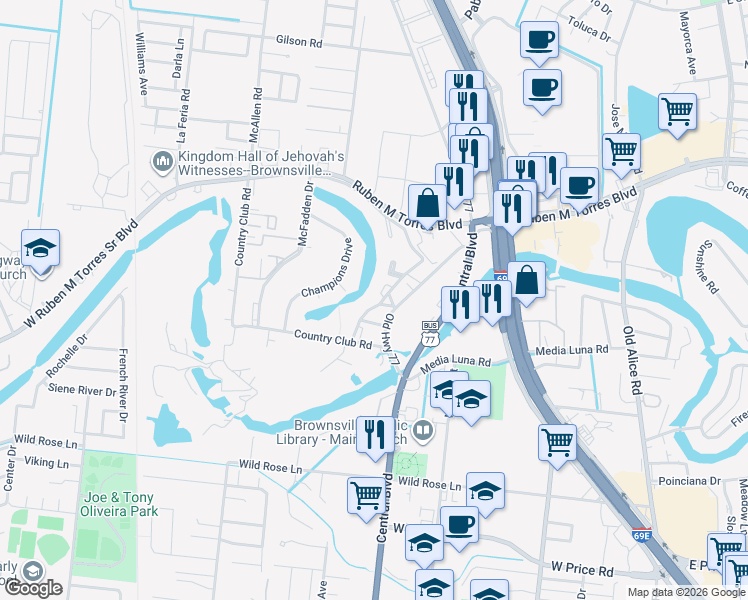 map of restaurants, bars, coffee shops, grocery stores, and more near 714-1 Continental Drive in Brownsville