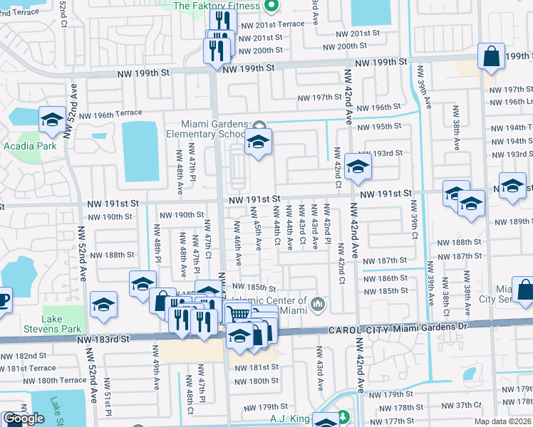 map of restaurants, bars, coffee shops, grocery stores, and more near 19069 Northwest 191st Street in Miami Gardens