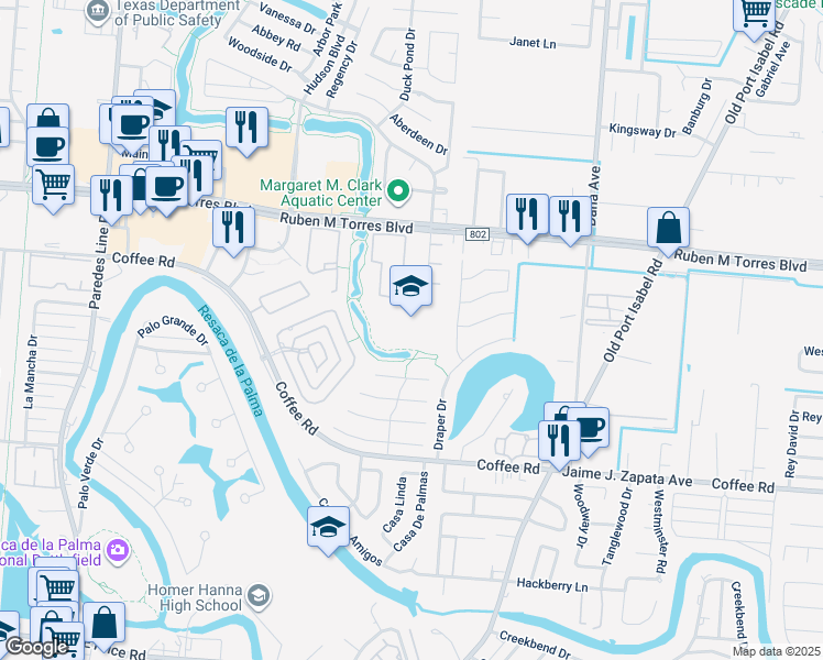 map of restaurants, bars, coffee shops, grocery stores, and more near 2980 Farm to Market Road 802 in Brownsville