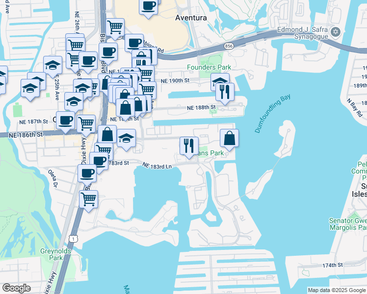 map of restaurants, bars, coffee shops, grocery stores, and more near 18480 Northeast 30th Avenue in Aventura