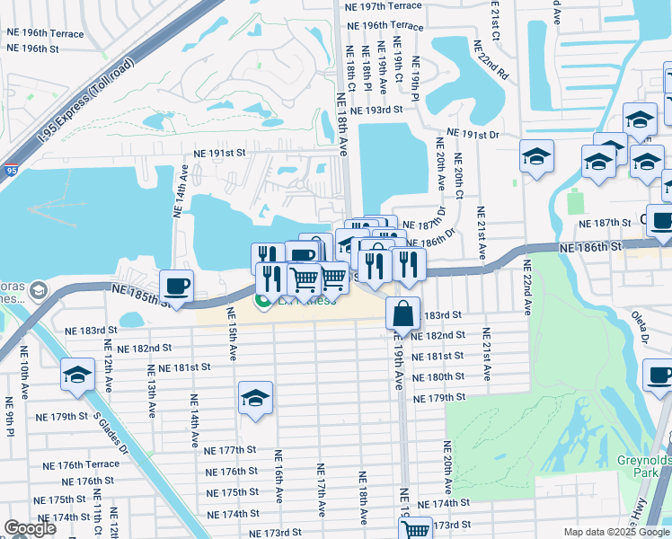 map of restaurants, bars, coffee shops, grocery stores, and more near 18558 Northeast 18th Avenue in North Miami Beach