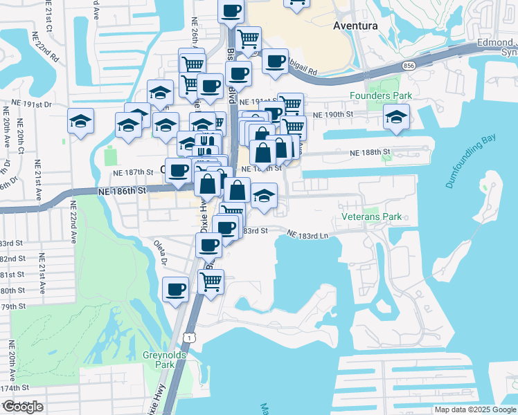 map of restaurants, bars, coffee shops, grocery stores, and more near 2777 Northeast 183rd Street in Aventura