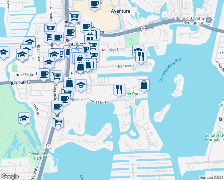 map of restaurants, bars, coffee shops, grocery stores, and more near 18480 Northeast 30th Avenue in Aventura