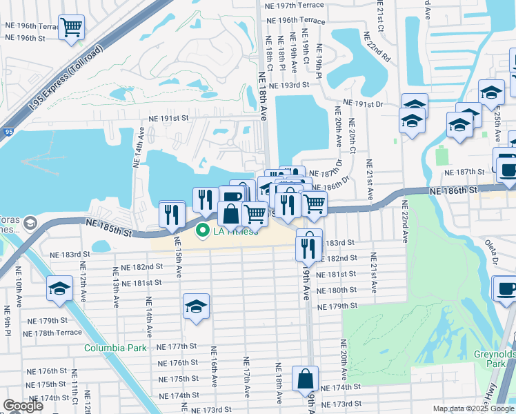 map of restaurants, bars, coffee shops, grocery stores, and more near 18558 Northeast 18th Avenue in North Miami Beach