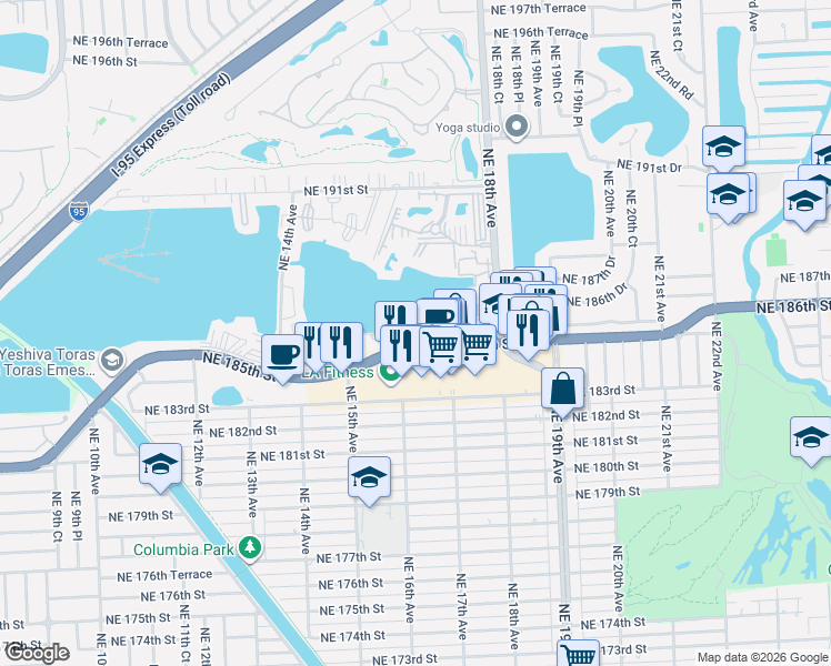 map of restaurants, bars, coffee shops, grocery stores, and more near 1615 Northeast Miami Gardens Drive in Miami