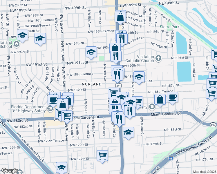 map of restaurants, bars, coffee shops, grocery stores, and more near 255 Northwest 188th Street in Miami