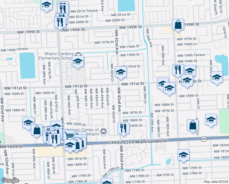 map of restaurants, bars, coffee shops, grocery stores, and more near 4240 Northwest 191st Street in Miami Gardens
