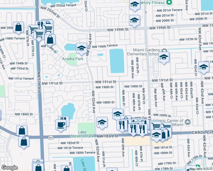 map of restaurants, bars, coffee shops, grocery stores, and more near 5021 Northwest 191st Street in Miami Gardens