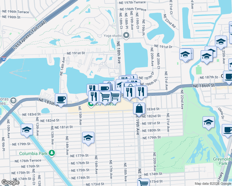 map of restaurants, bars, coffee shops, grocery stores, and more near 18558 Northeast 18th Avenue in North Miami Beach