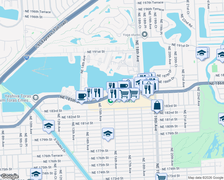 map of restaurants, bars, coffee shops, grocery stores, and more near 1615 Northeast Miami Gardens Drive in Miami