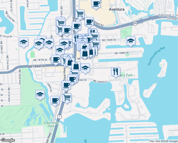 map of restaurants, bars, coffee shops, grocery stores, and more near 2757 Northeast 184th Way in Aventura