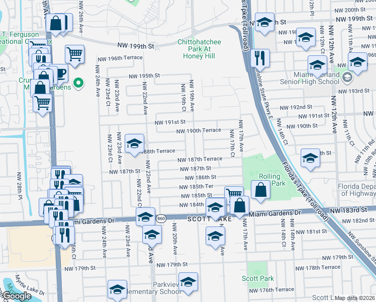 map of restaurants, bars, coffee shops, grocery stores, and more near 18901 Northwest 19th Avenue in Miami Gardens