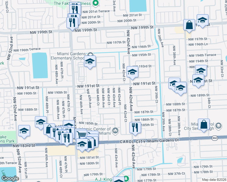 map of restaurants, bars, coffee shops, grocery stores, and more near 19030 Northwest 43rd Avenue in Miami Gardens