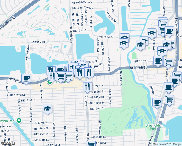 map of restaurants, bars, coffee shops, grocery stores, and more near 1960 Northeast 186th Drive in North Miami Beach
