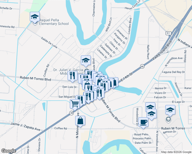 map of restaurants, bars, coffee shops, grocery stores, and more near 5839 Lourdes Boulevard in Brownsville