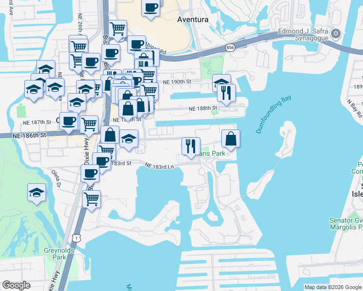 map of restaurants, bars, coffee shops, grocery stores, and more near 18480 Northeast 30th Avenue in Aventura