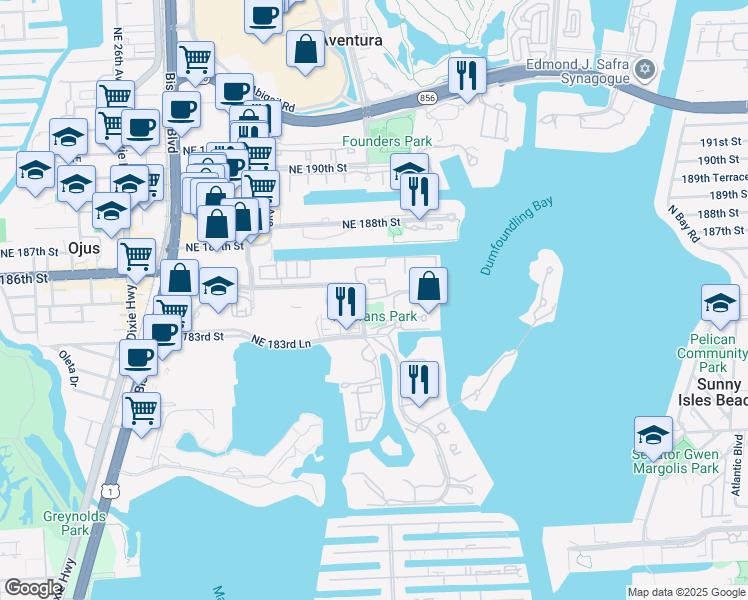 map of restaurants, bars, coffee shops, grocery stores, and more near 3255 Northeast 184th Street in North Miami Beach