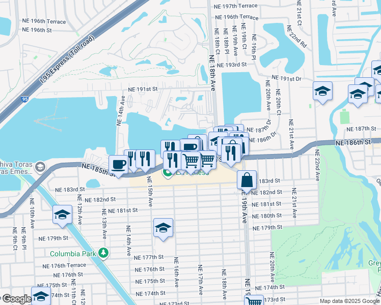 map of restaurants, bars, coffee shops, grocery stores, and more near 1671 Northeast Miami Gardens Drive in Miami