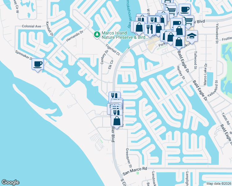 map of restaurants, bars, coffee shops, grocery stores, and more near 749 Caribbean Court in Marco Island