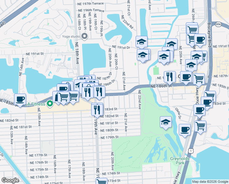 map of restaurants, bars, coffee shops, grocery stores, and more near 18540 Northeast 20th Court in North Miami Beach