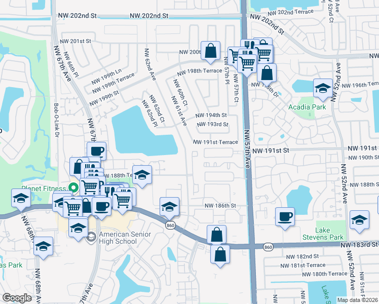 map of restaurants, bars, coffee shops, grocery stores, and more near 19121 Northwest 62nd Avenue in Hialeah