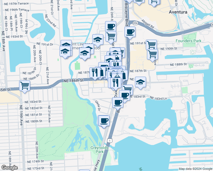 map of restaurants, bars, coffee shops, grocery stores, and more near 2590 Northeast 186th Street in North Miami Beach
