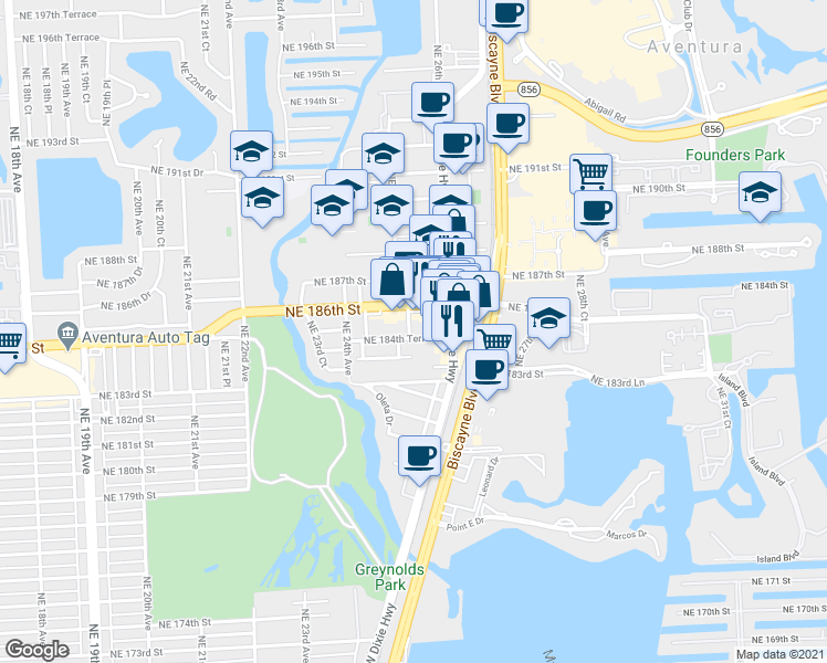 map of restaurants, bars, coffee shops, grocery stores, and more near 2590 Northeast 186th Street in North Miami Beach