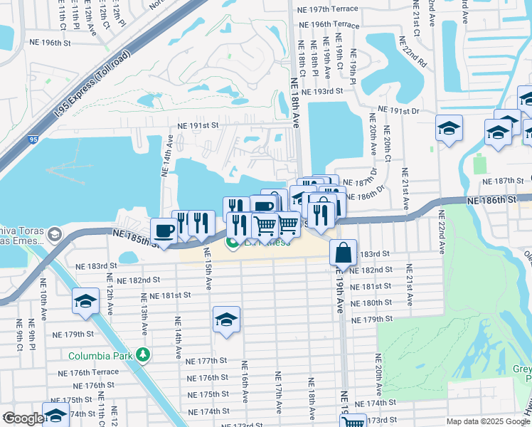 map of restaurants, bars, coffee shops, grocery stores, and more near 1671 Northeast Miami Gardens Drive in Miami