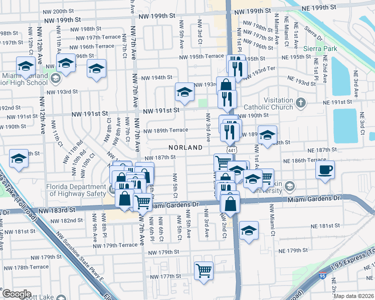 map of restaurants, bars, coffee shops, grocery stores, and more near 18830 Northwest 5th Avenue in Miami