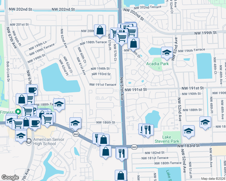 map of restaurants, bars, coffee shops, grocery stores, and more near 19098 Northwest 57th Court in Hialeah