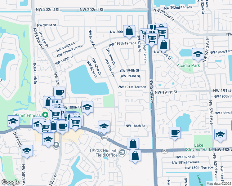 map of restaurants, bars, coffee shops, grocery stores, and more near 19121 Northwest 62nd Avenue in Hialeah